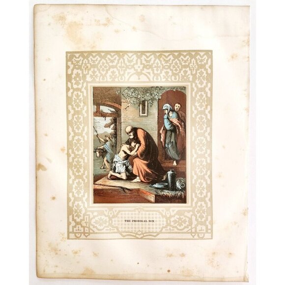 1853 Prodigal Son Rare Colored Engraving Victorian Bible Art Antique DWNN23 - Picture 2 of 4